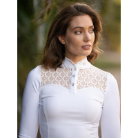 Polo da concorso Equestrian Stockholm Crystal Champion donna maniche lunghe Perfezione bianca Polo da concorso Equestrian Stockholm Crystal Champion donna maniche lunghe Perfezione bianca