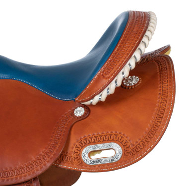 Sella Pool's 5020 con seduta in cuoio grezzo colore blu per barrel racing Cognac Marrone
