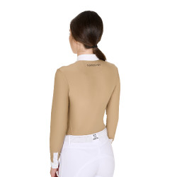 Polo da concorso Donna Maniche Lunghe con Pieghe in Cotone Equestro Incenso Beige