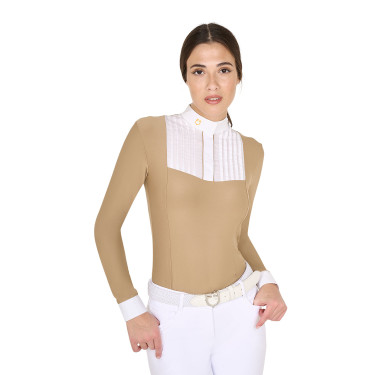 Polo da concorso Donna Maniche Lunghe con Pieghe in Cotone Equestro Incenso Beige
