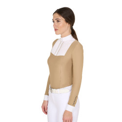Polo da concorso Donna Maniche Lunghe con Pieghe in Cotone Equestro Incenso Beige
