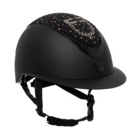 Casco Equestro opaco con visiera larga e logo con strass omologato EN 1384-2023 Nero / nero lucido Casco Equestro opaco con visiera larga e logo con strass omologato EN 1384-2023 Nero / nero lucido