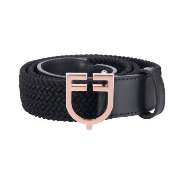 Cintura Equestro in pelle elastica con fibbia rose gold con logo Nero