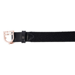 Cintura Equestro in pelle elastica con fibbia rose gold con logo Nero