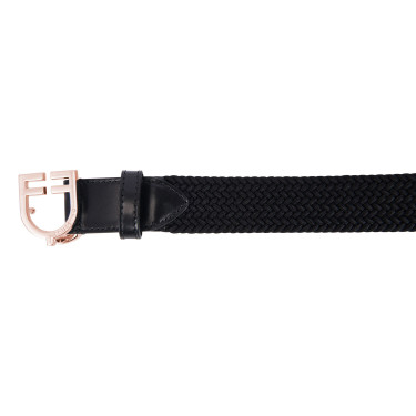 Cintura Equestro in pelle elastica con fibbia rose gold con logo Nero
