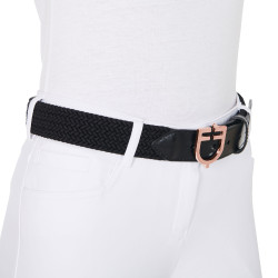 Cintura Equestro in pelle elastica con fibbia rose gold con logo Nero