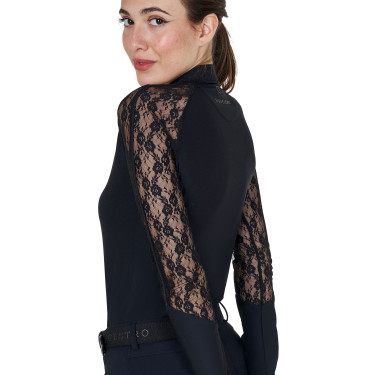 Polo da allenamento da donna Equestro a maniche lunghe in pizzo Nero