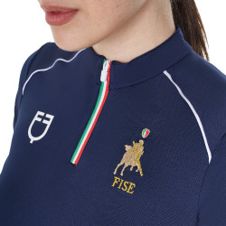 Polo da allenamento donna Equestro x FISE con zip bandiera italiana maniche corte Blazer marine Blu marino