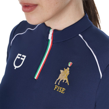 Polo da allenamento donna Equestro x FISE con zip bandiera italiana maniche corte Blazer marine Blu marino