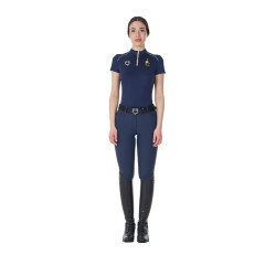 Polo da allenamento donna Equestro x FISE con zip bandiera italiana maniche corte Blazer marine Blu marino