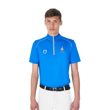 Polo da allenamento uomo Equestro x FISE con zip, bandiera italiana, maniche corte Blu di Savoia