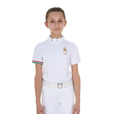 Polo da gara da ragazza con zip Equestro x FISE maniche corte Bianco
