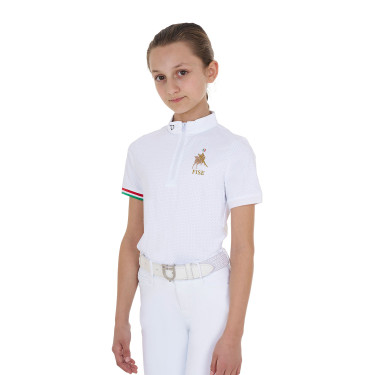 Polo da gara da ragazza con zip Equestro x FISE maniche corte Bianco