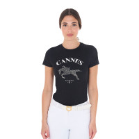 T-shirt donna Equestro Cannes in cotone con strass a maniche corte Nero