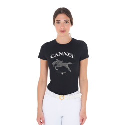 T-shirt donna Equestro Cannes in cotone con strass a maniche corte Nero