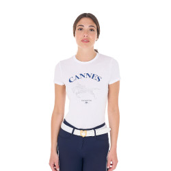 T-shirt donna Equestro Cannes in cotone con strass a maniche corte Bianco