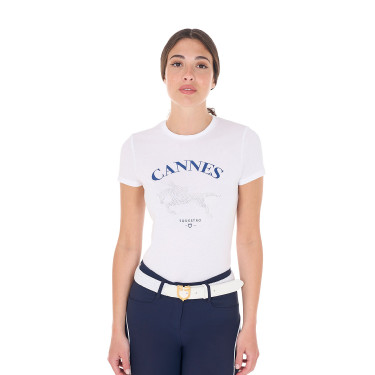 T-shirt donna Equestro Cannes in cotone con strass a maniche corte Bianco