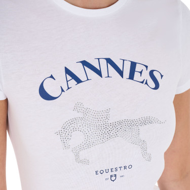 T-shirt donna Equestro Cannes in cotone con strass a maniche corte Bianco
