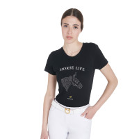 T-shirt donna Equestro slim fit Horse Life con strass maniche corte Nero T-shirt donna Equestro slim fit Horse Life con strass maniche corte Nero