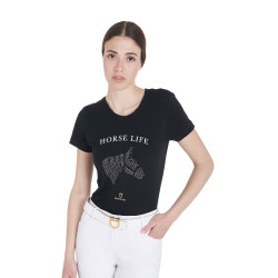 T-shirt donna Equestro slim fit Horse Life con strass maniche corte Nero T-shirt donna Equestro slim fit Horse Life con strass maniche corte Nero