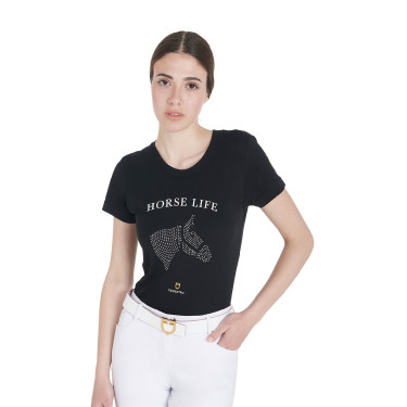 T-shirt donna Equestro slim fit Horse Life con strass maniche corte Nero T-shirt donna Equestro slim fit Horse Life con strass maniche corte Nero