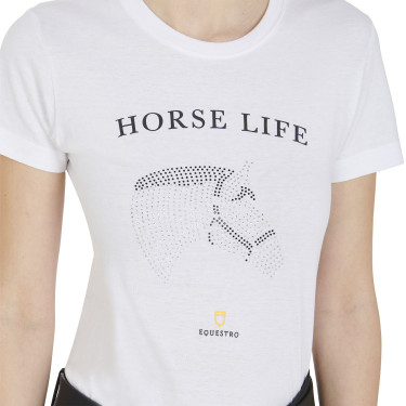 T-shirt donna Equestro slim fit Horse Life con strass maniche corte Bianco T-shirt donna Equestro slim fit Horse Life con strass maniche corte Bianco