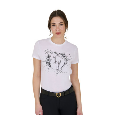 T-shirt donna Equestro Wild Flower in cotone a maniche corte Bianco