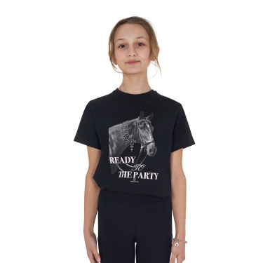 T-shirt da bambina Equestro Ready To The Party in cotone con strass a maniche corte Nero T-shirt da bambina Equestro Ready To The Party in cotone con strass a maniche corte Nero