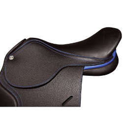 Selle doublée Saumur personnalisée Privilege Equitation Marron / bleu électrique Selle doublée Saumur personnalisée Privilege Equitation Marron / bleu électrique