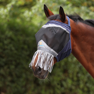 Maschera antimosche Shires FlyGuard Pro in rete fine senza orecchie con naso e frange Marina Blu marino