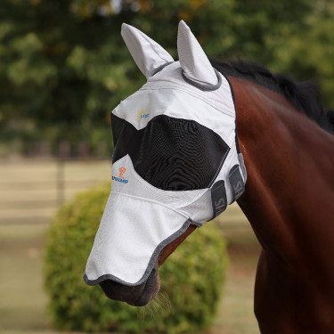 Maschera antimosche Shires FlyGuard Pro Sun Shade con orecchie e naso quadrato Bianco Maschera antimosche Shires FlyGuard Pro Sun Shade con orecchie e naso quadrato Bianco