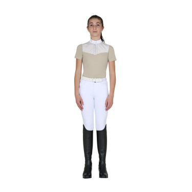 Polo concorso bambina slim fit con inserti in tessuto simil seta Tan Oxford Rosa
