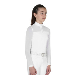 Polo concorso bambina manica lunga con inserti in micro mesh Bianco