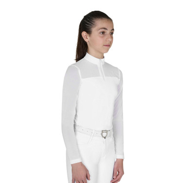 Polo concorso bambina manica lunga con inserti in micro mesh Bianco