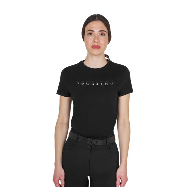 T-shirt donna in cotone logo laminato Nero
