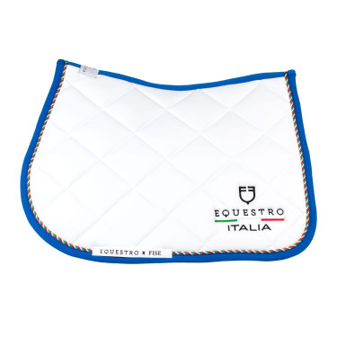 Sottosella da salto Equestro x FISE con bordino con bandiera italiana Bianco / blu di Savoia Sottosella da salto Equestro x FISE con bordino con bandiera italiana Bianco / blu di Savoia