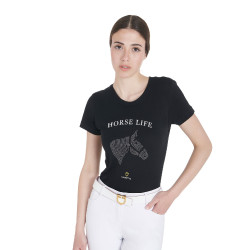 T-shirt donna Equestro slim fit Horse Life con strass maniche corte Nero