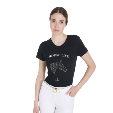 T-shirt donna Equestro slim fit Horse Life con strass maniche corte Nero