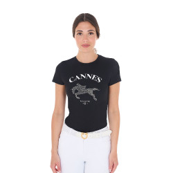 T-shirt donna Equestro Cannes in cotone con strass a maniche corte Nero T-shirt donna Equestro Cannes in cotone con strass a maniche corte Nero