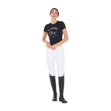 T-shirt donna Equestro Cannes in cotone con strass a maniche corte Nero T-shirt donna Equestro Cannes in cotone con strass a maniche corte Nero