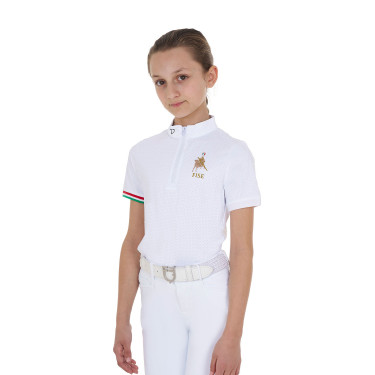 Polo da gara da ragazza con zip Equestro x FISE maniche corte Bianco Polo da gara da ragazza con zip Equestro x FISE maniche corte Bianco
