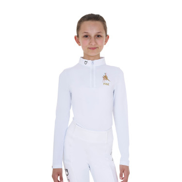 Polo da concorso da ragazza a maniche lunghe Equestro x FISE Bianco