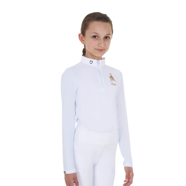 Polo da concorso da ragazza a maniche lunghe Equestro x FISE Bianco