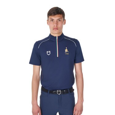 Polo da allenamento uomo Equestro x FISE con zip, bandiera italiana, maniche corte Blazer marine Blu marino