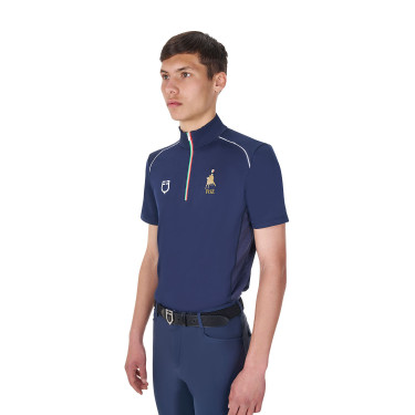 Polo da allenamento uomo Equestro x FISE con zip, bandiera italiana, maniche corte Blazer marine Blu marino