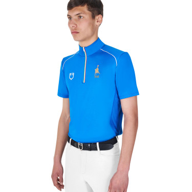 Polo da allenamento uomo Equestro x FISE con zip, bandiera italiana, maniche corte Blu di Savoia