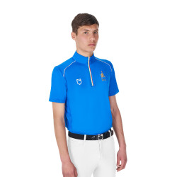Polo da allenamento uomo Equestro x FISE con zip, bandiera italiana, maniche corte Blu di Savoia