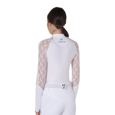 Polo da allenamento da donna Equestro a maniche lunghe in pizzo Bianco
