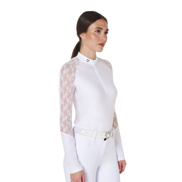 Polo da allenamento da donna Equestro a maniche lunghe in pizzo Bianco
