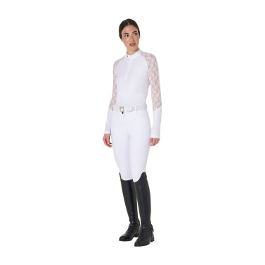 Polo da allenamento da donna Equestro a maniche lunghe in pizzo Bianco
